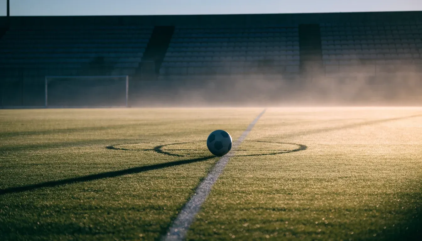 Ein einzelner Fussball liegt auf dem Anstosspunkt eines leeren Rasenplatzes am frühen Morgen, Tau glitzert auf dem Gras, die Tribüne liegt im Dunst.
