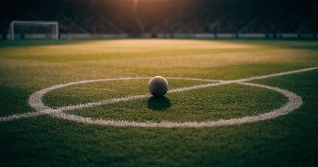 Ein Fussball liegt auf dem Mittelkreis eines Rasenfelds, die weissen Linien kreuzen sich auf dem gepflegten Gras im warmen Abendlicht.