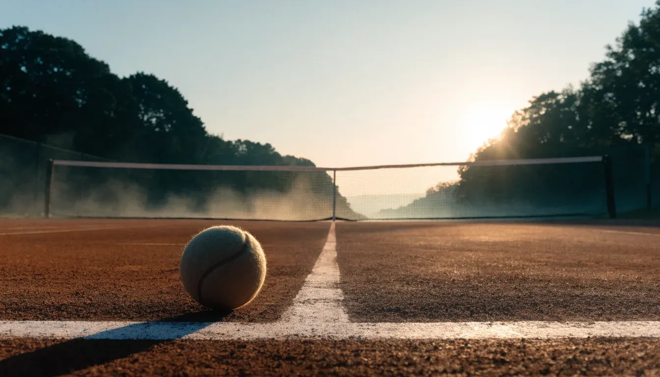Ein Tennisplatz bei Sonnenaufgang, die Linien frisch gezogen, das Netz in der Mitte und Nebel über dem Boden.