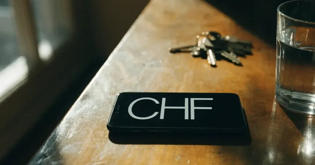 Ein Smartphone mit schwarzem Display liegt auf einem Holztisch neben einem Glas Wasser und einem Schlüsselbund.