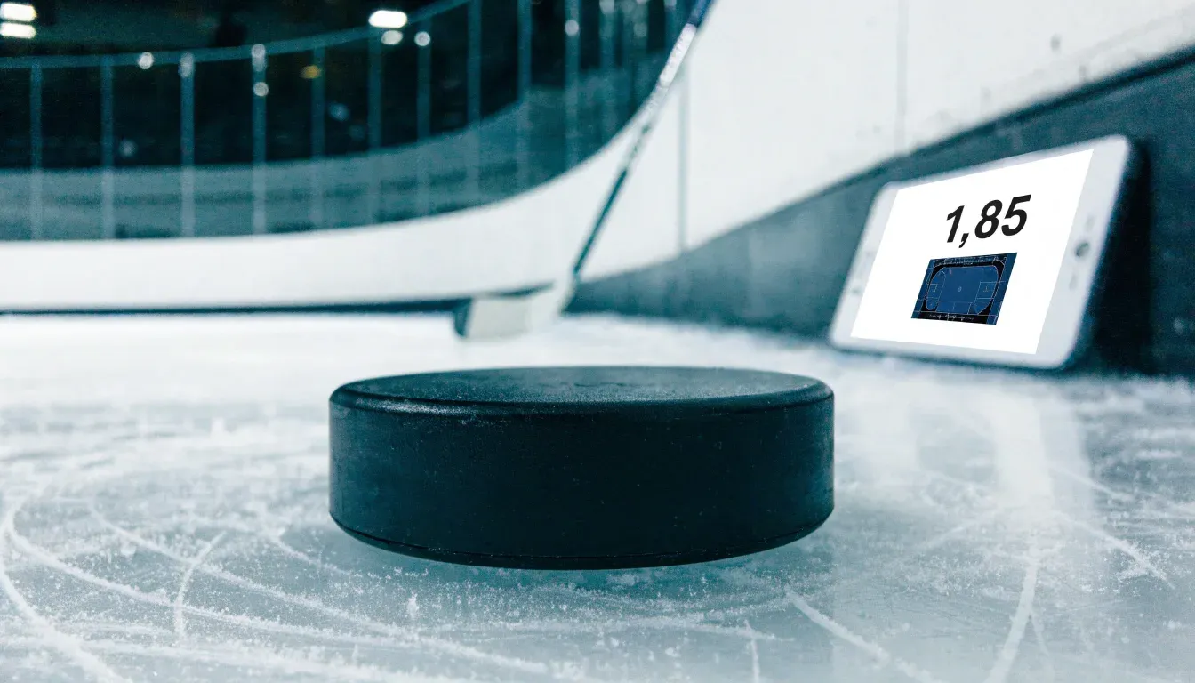 Ein Eishockeypuck liegt auf dem Eis, im Hintergrund unscharf die Bande unter hellem Hallenlicht.