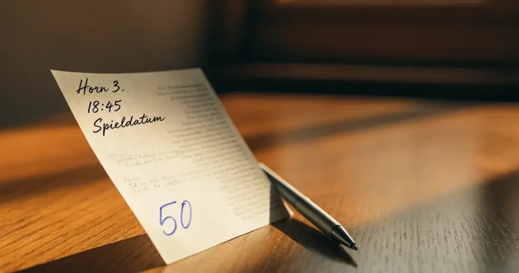 Ein leerer Wettschein aus Papier liegt neben einem Kugelschreiber auf einem Holztisch, weiches Licht fällt von der Seite.