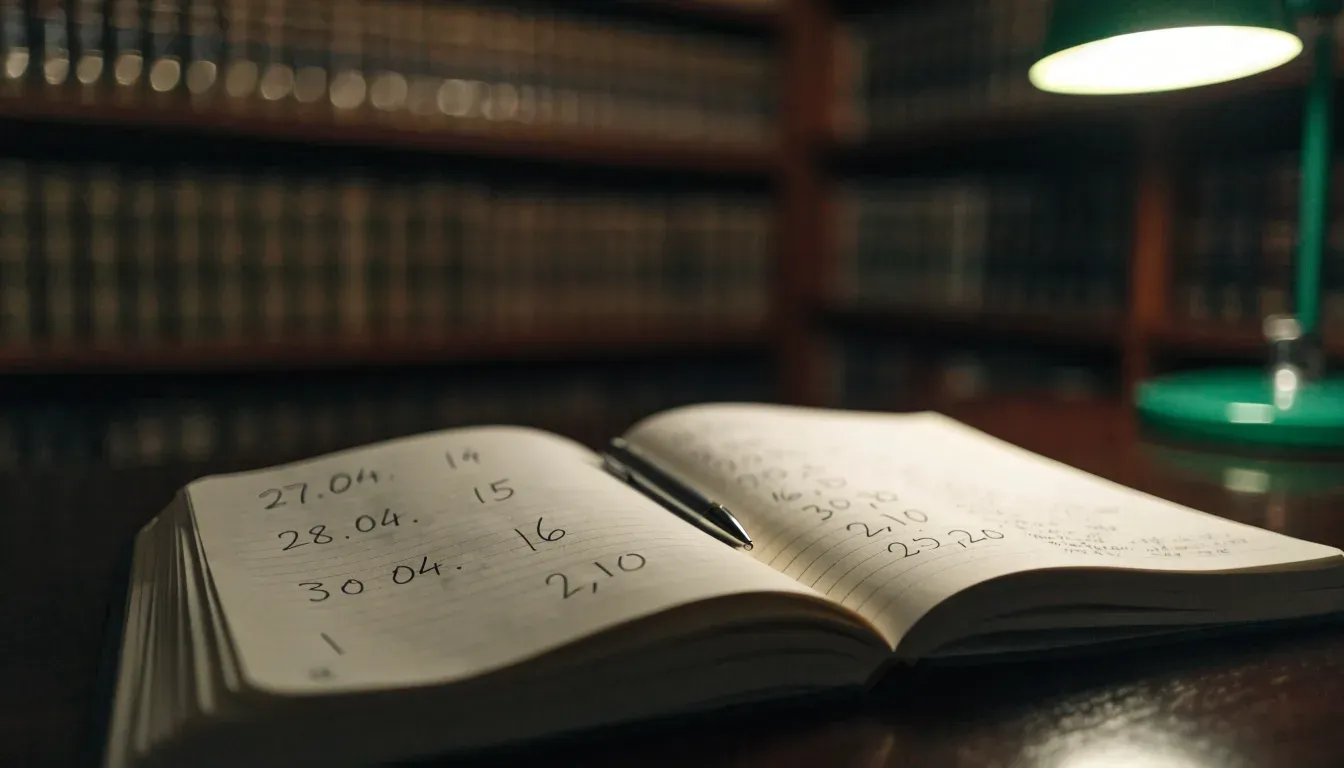 Eine Bibliothek mit hohen Holzregalen voller Bücher, im Vordergrund ein Lesetisch mit grüner Lampe.