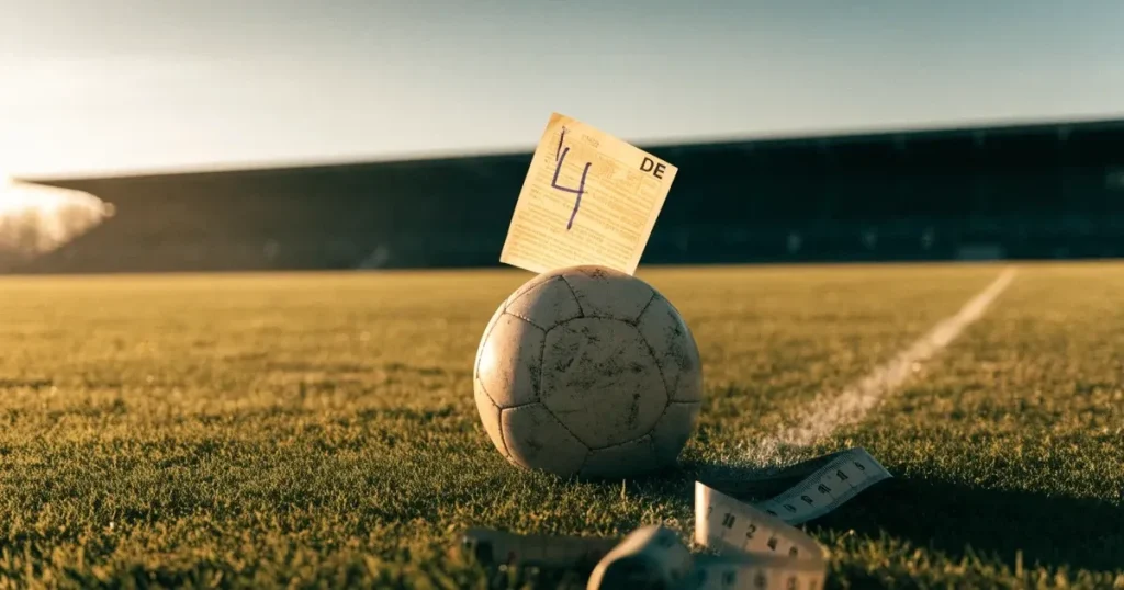 Ein Fussball und ein Massband liegen auf kurz geschnittenem Rasen neben einer Kreidelinie, Morgenlicht von der Seite.