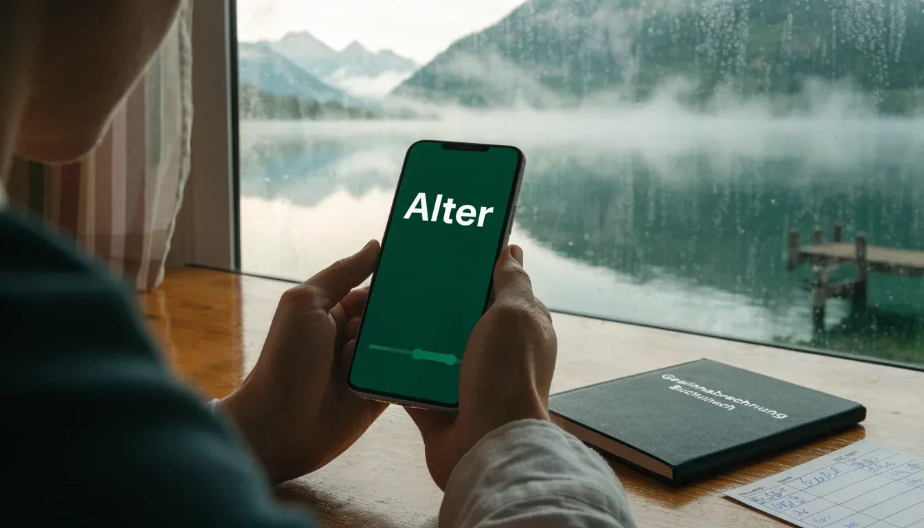 Ein Seeufer mit einem hölzernen Steg, Nebel liegt über dem Wasser, am anderen Ufer erheben sich Berge.