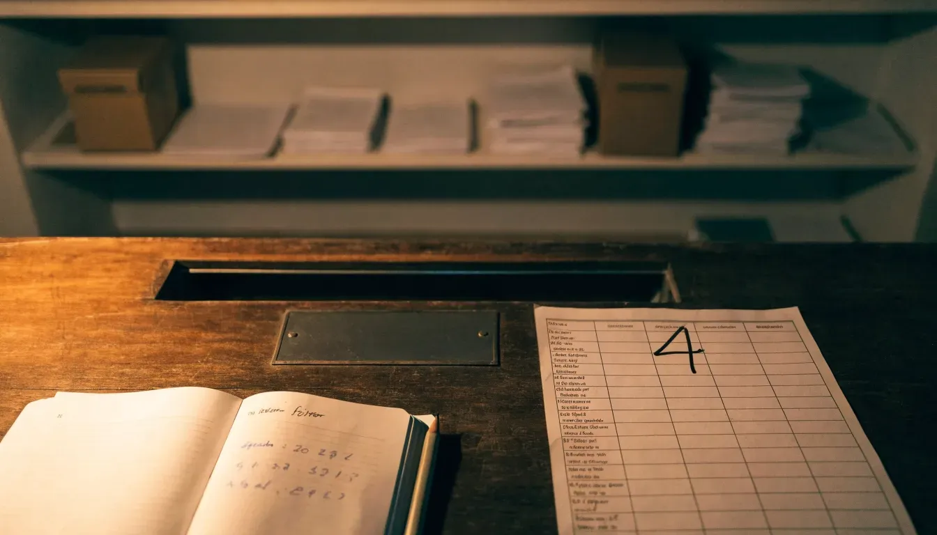 Ein alter Holztresen mit einem Notizbuch und einem Taschenrechner in warmem Lampenlicht, Regale im Hintergrund.