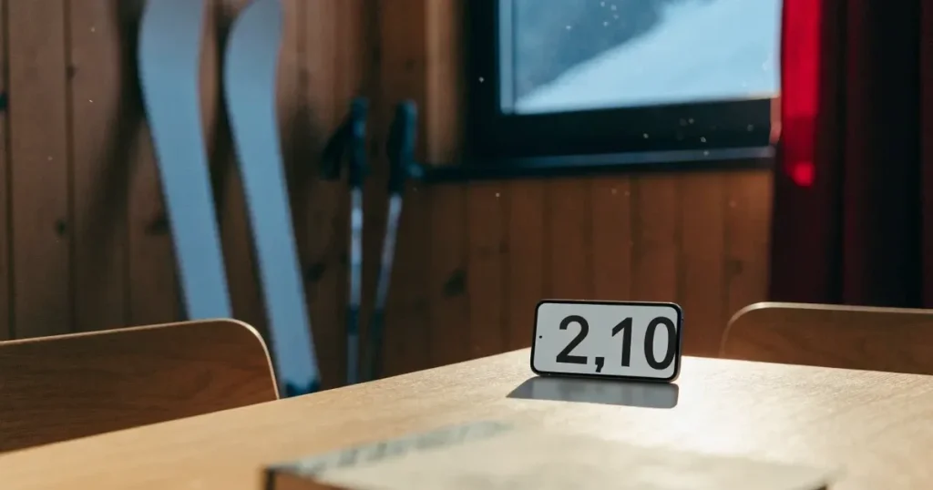 Mehrere Skier und Stöcke lehnen ordentlich in einer Reihe an der Holzwand einer Berghütte, vor dem Fenster liegt Schnee.