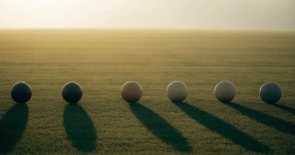 Sechs Fussbälle liegen in zwei Reihen auf einem Rasen, das flache Abendlicht zieht lange Schatten über das Gras.