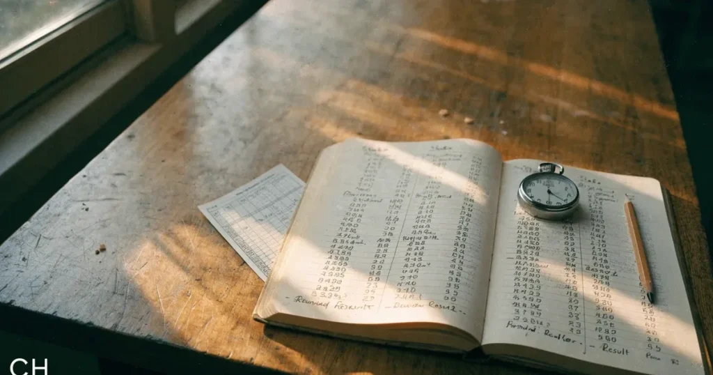 Ein aufgeschlagenes Notizbuch mit handschriftlichen Notizen und Skizzen liegt neben einer Stoppuhr auf einem Holztisch.