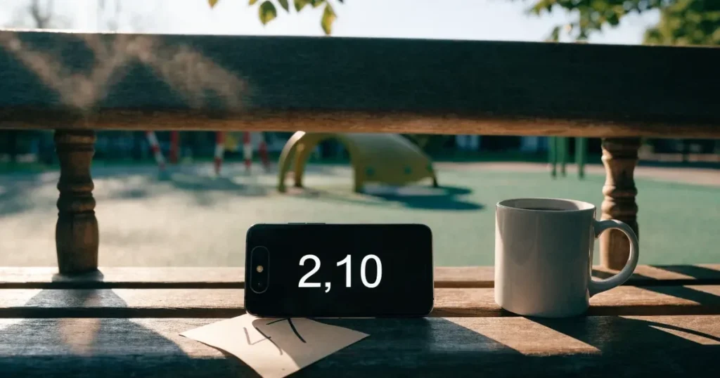 Ein Smartphone mit dunklem Display liegt auf einer Parkbank, daneben ein Kaffeebecher, im Hintergrund ein Spielplatz.