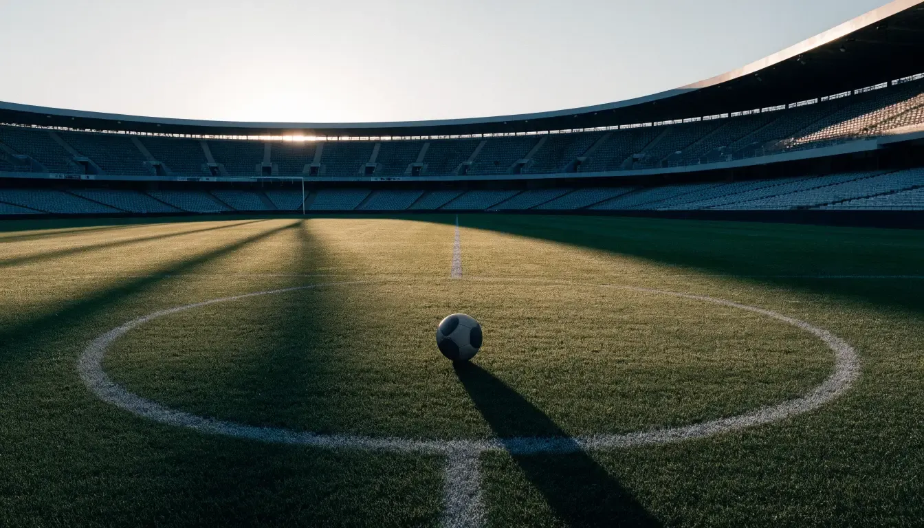 Ein Fussball liegt auf dem Anstosspunkt eines leeren Rasenplatzes im frühen Morgenlicht, dahinter erhebt sich eine menschenleere Tribüne.