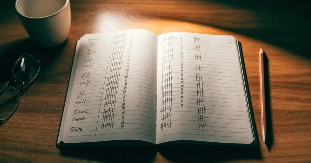 Ein aufgeschlagenes Notizbuch mit handschriftlichen Strichlisten und Spalten liegt neben einem Bleistift auf einem Holztisch im warmen Licht einer Schreibtischlampe.