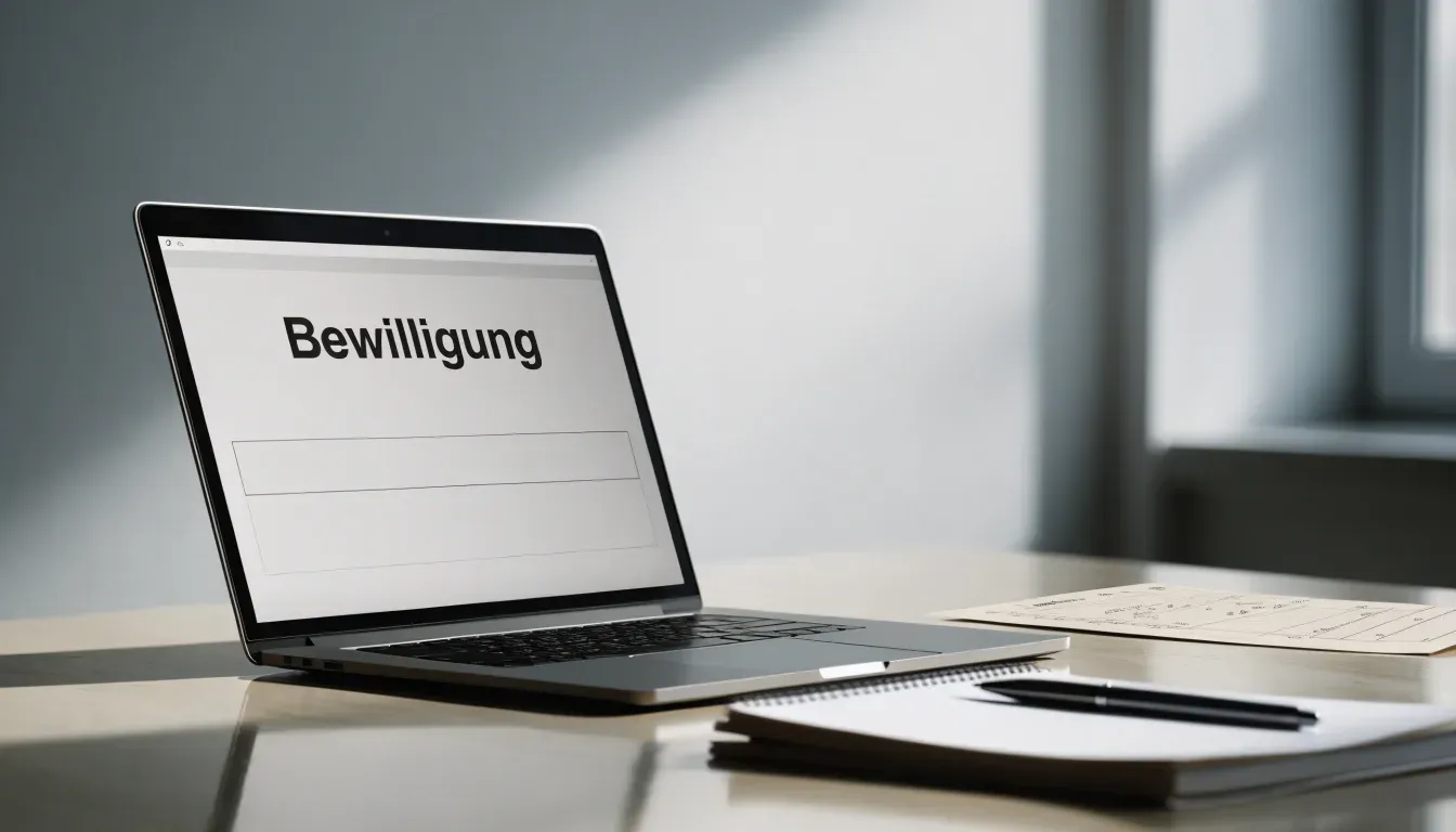 Eine Waage aus Messing steht auf einem polierten Schreibtisch in einem hellen Büro, durch das Fenster sind ferne Berge zu sehen.