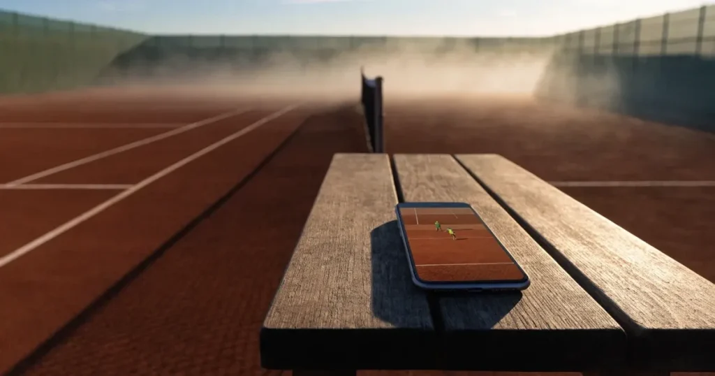 Ein Sandplatz für Tennis liegt bei Sonnenaufgang still da, das Netz wirft einen langen Schatten über die weissen Linien.