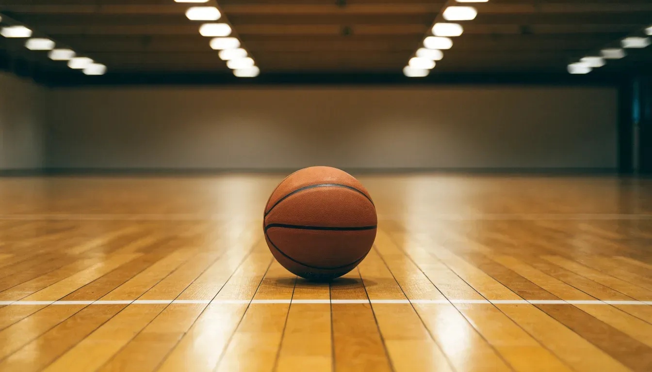 Ein Basketball liegt auf dem Parkett einer leeren Halle, von den Deckenlampen fällt gleichmässiges Licht auf den Boden.
