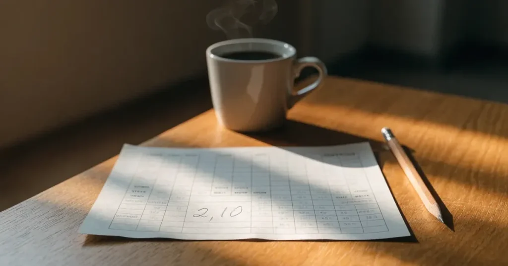 Ein leerer Wettschein aus Papier liegt auf einem Holztisch neben einem Bleistift und einem Kaffeebecher.