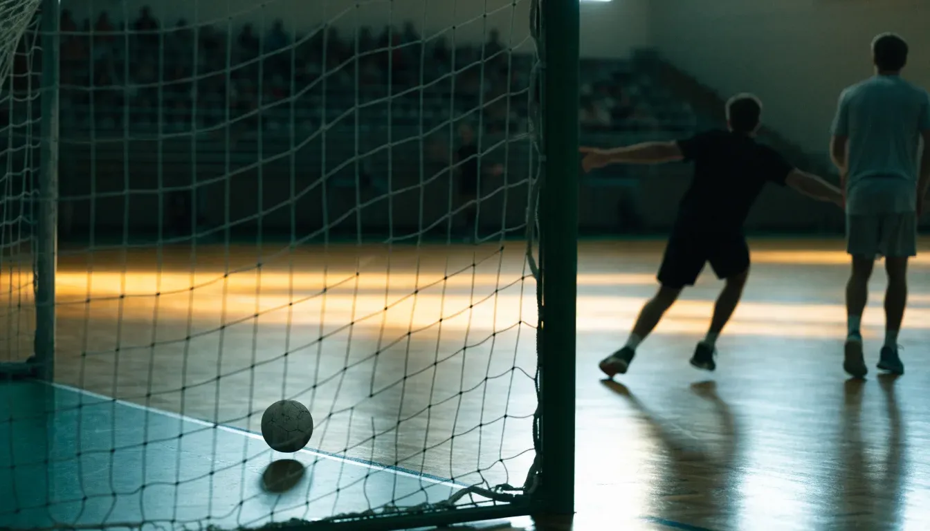 Ein Handballtor in einer leeren Sporthalle, der Ball liegt im Torraum und das Hallenlicht spiegelt sich im Parkett.