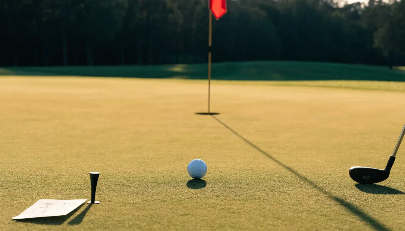 Ein Golfball liegt auf einem gepflegten Grün nahe am Loch, im goldenen Licht der Abendsonne.