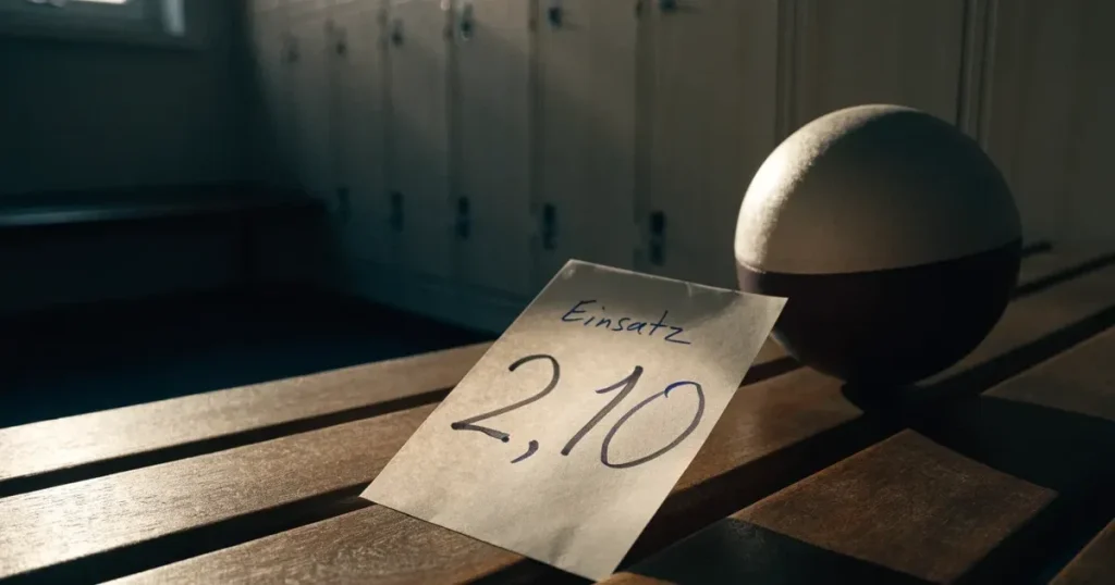 Ein Paar Fussballschuhe steht auf einer Holzbank in einer leeren Umkleide, Morgenlicht fällt durch ein kleines Fenster.