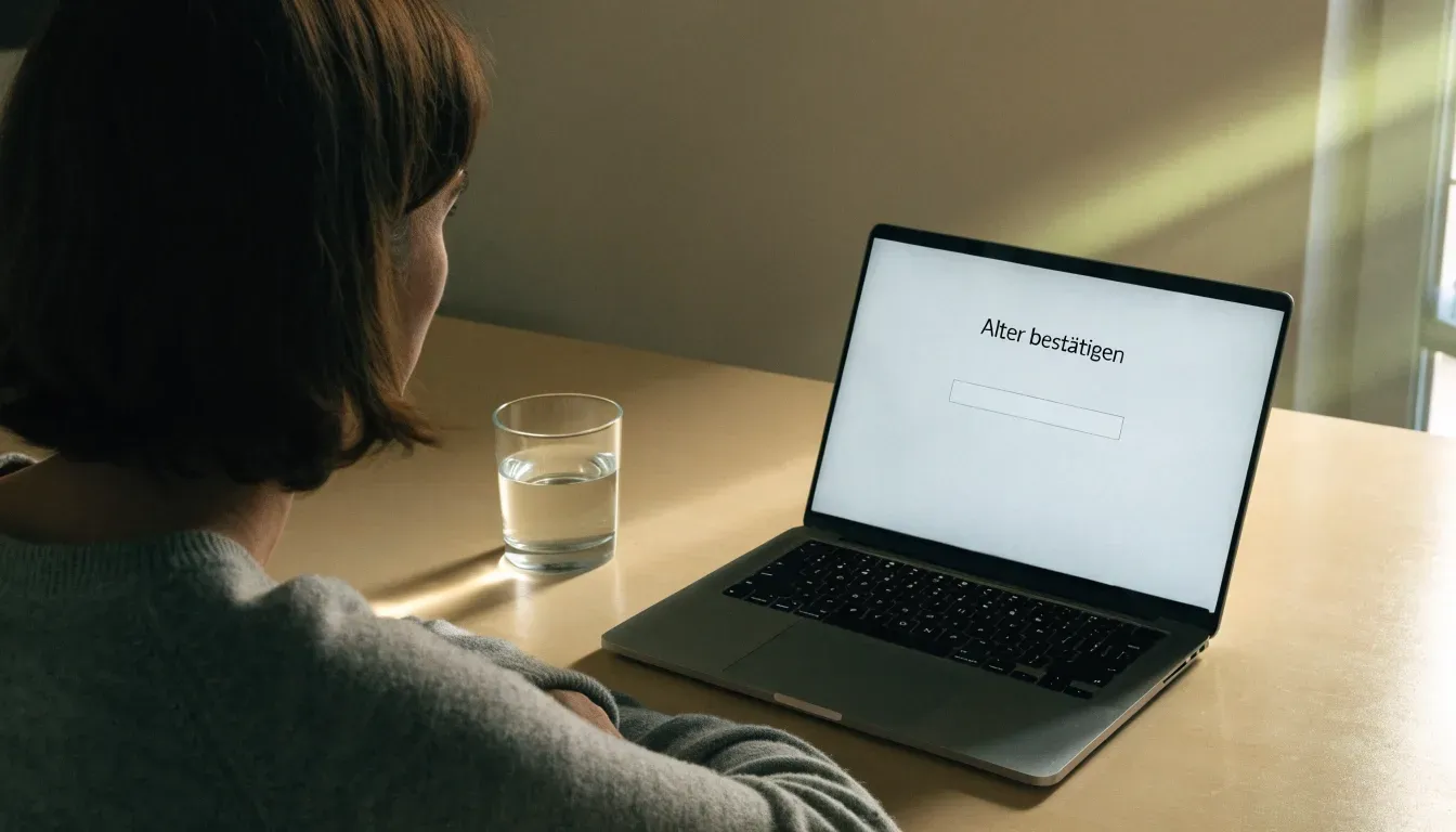 Ein geschlossener Laptop steht neben einem Glas Wasser auf einem Küchentisch im Licht des frühen Morgens.