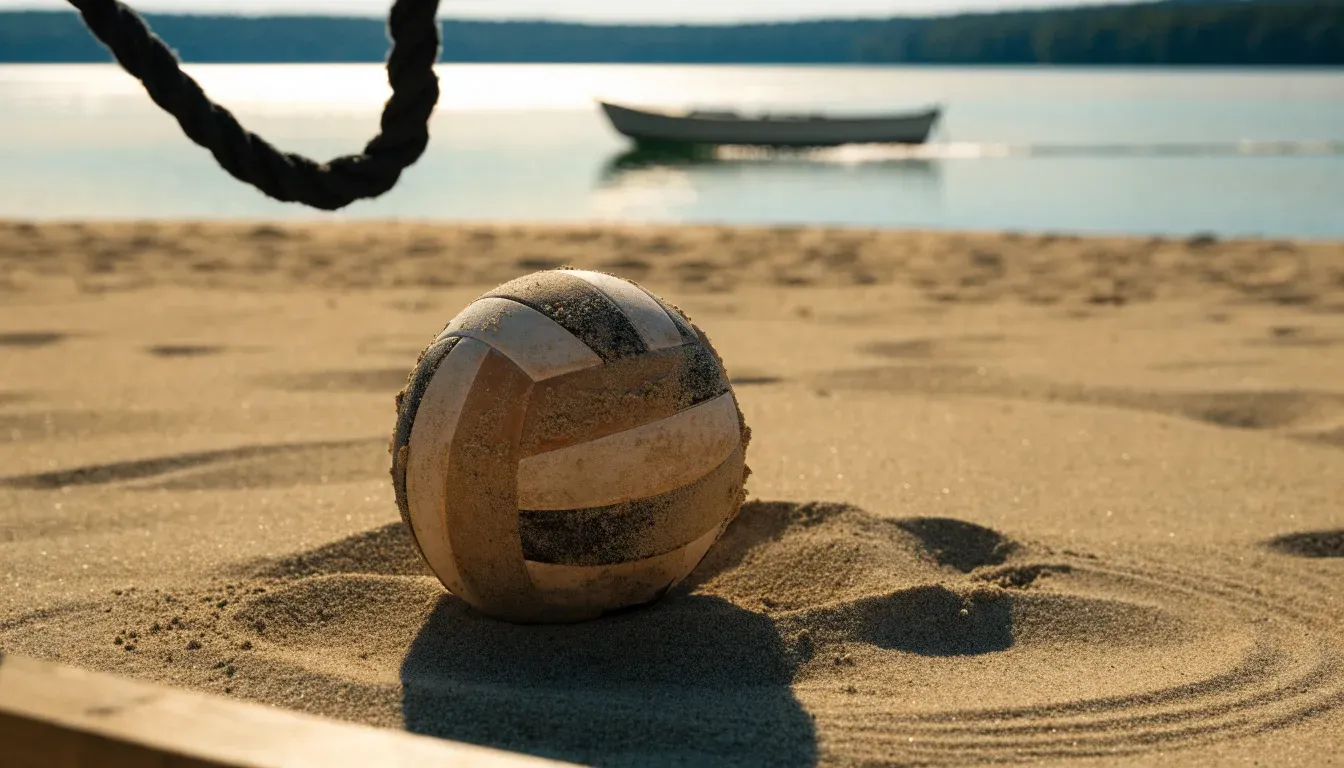 Ein Volleyball liegt im Sand eines Spielfelds am Seeufer, im Hintergrund gleitet ein Boot über das Wasser.