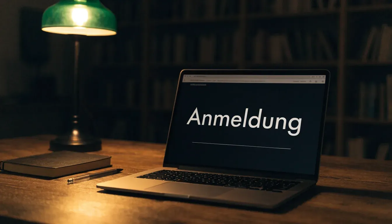 Eine Tischlampe mit grünem Schirm leuchtet auf einem Schreibtisch in einer stillen Bibliothek mit hohen Regalen.