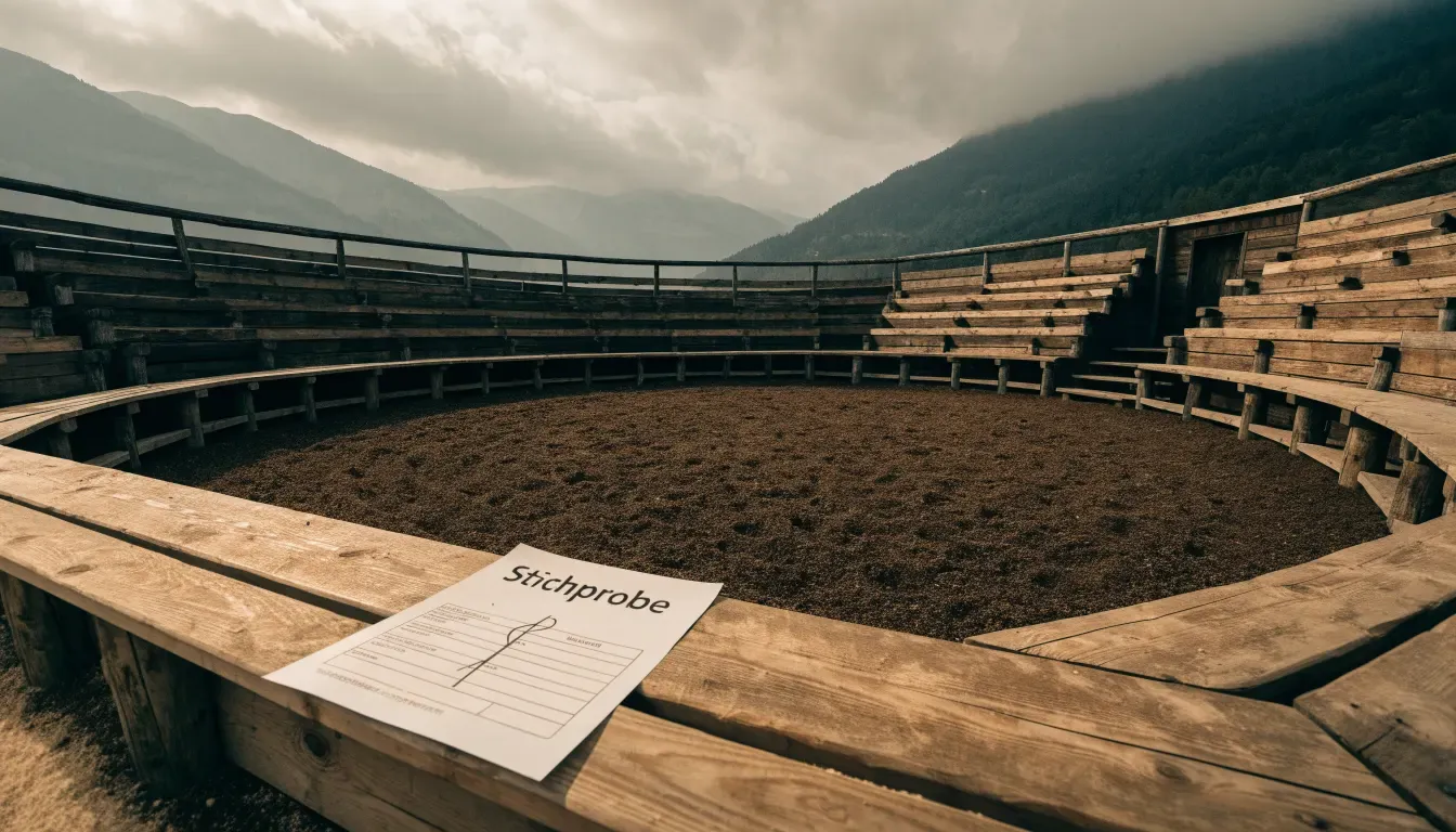 Ein Sägemehlring zwischen Tribünen aus Holz vor Alpenkulisse, ruhig und menschenleer unter bewölktem Himmel.