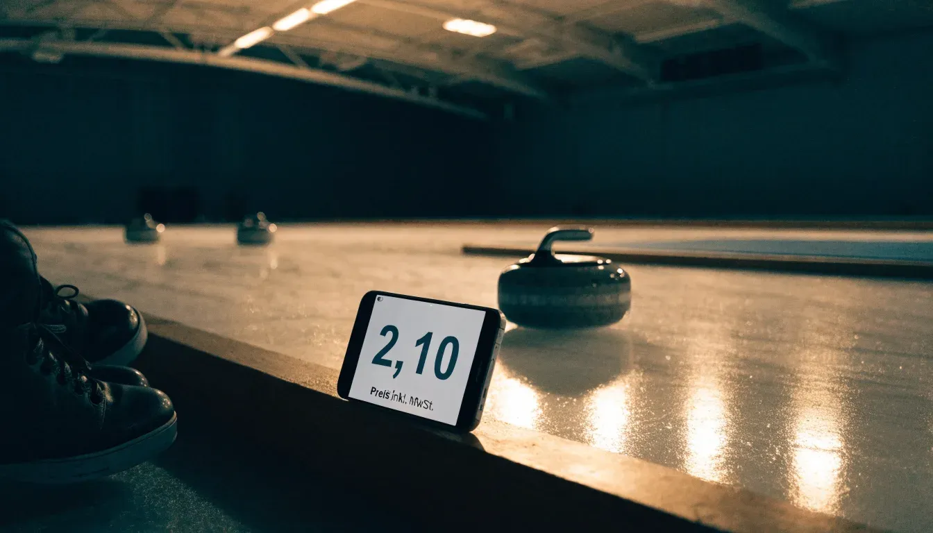Mehrere Curlingsteine liegen auf einer glatten Eisfläche in einer leeren Halle, Deckenlicht spiegelt sich im Eis.