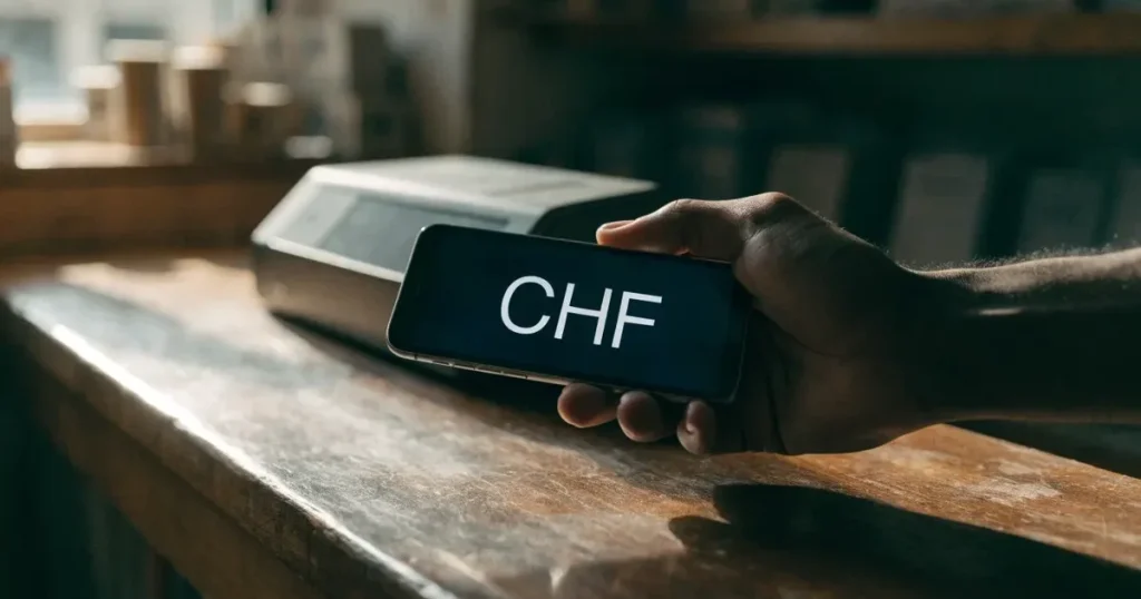 Eine Hand hält ein Smartphone mit dunklem Display knapp über eine hölzerne Ladentheke in einem kleinen Geschäft.