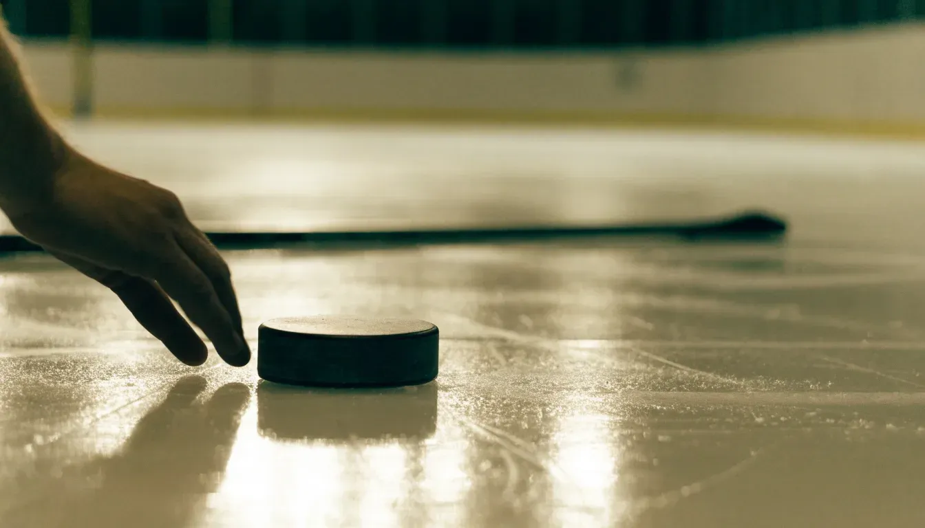 Ein Eishockeypuck liegt in Grossaufnahme auf der Eisfläche, feine Kratzer im Eis glänzen im hellen Hallenlicht.