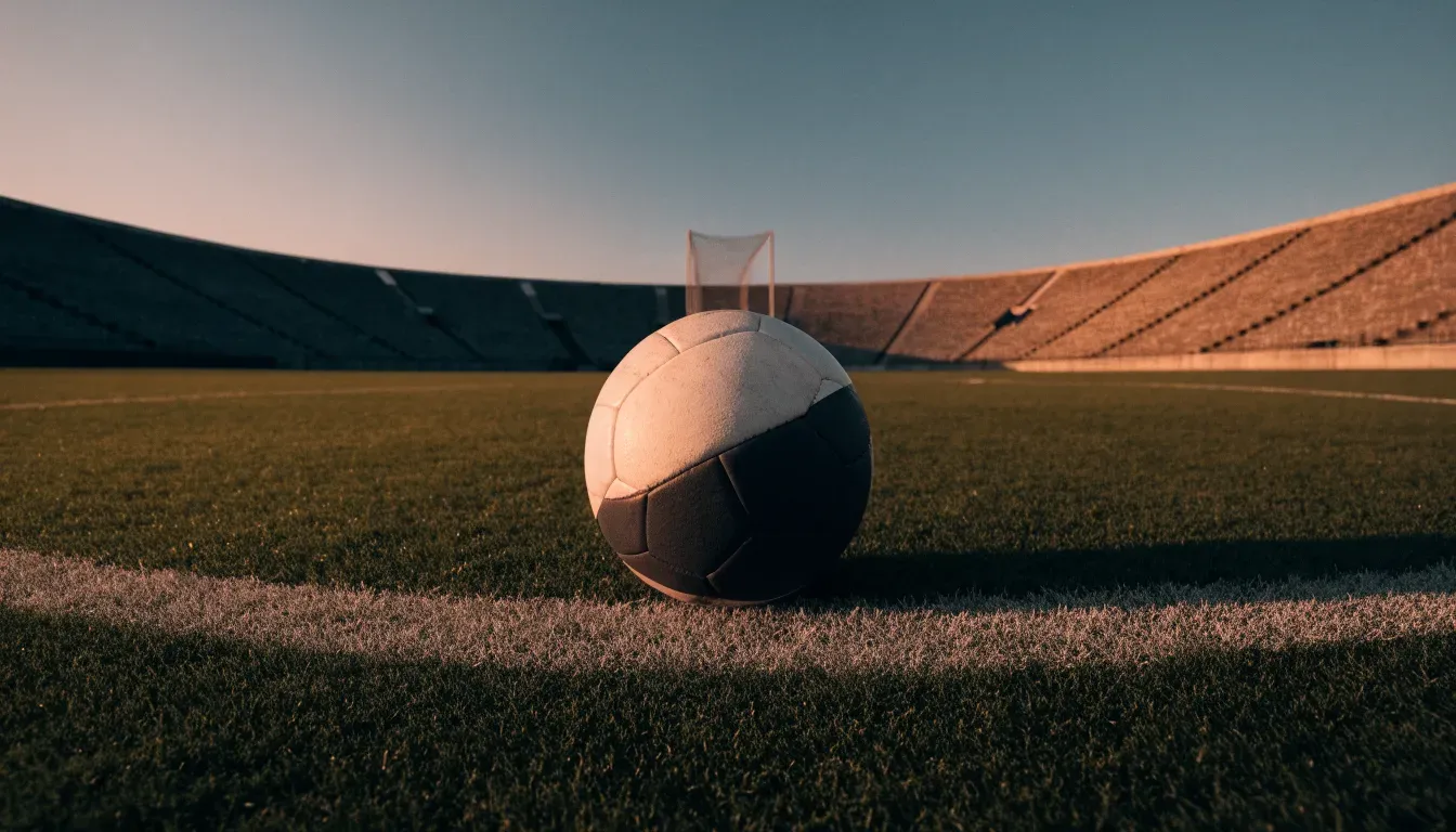 Ein Fussball liegt auf dem Mittelkreis eines leeren Rasenplatzes, dahinter ragen leere Tribünenreihen in den Abendhimmel.