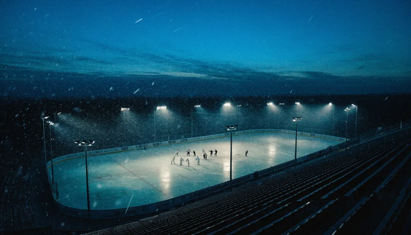 Eine Eishockeybahn liegt unter Flutlicht aus der Ferne betrachtet, leichter Schneefall treibt durch den Lichtkegel über dem Eis.