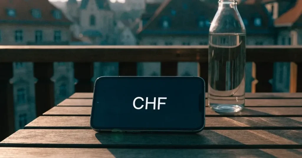Ein Smartphone mit dunklem Display lehnt an einer Glasflasche auf einem Balkontisch, dahinter liegt eine Altstadt in der Abendsonne.