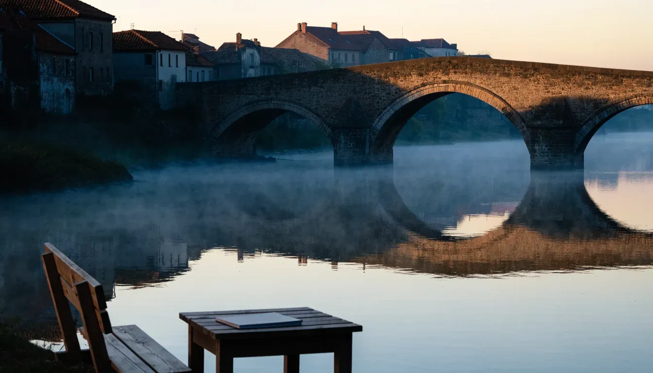 Eine steinerne Bogenbrücke überspannt am frühen Morgen einen Fluss in einer Altstadt, auf dem Wasser liegt dünner Nebel.