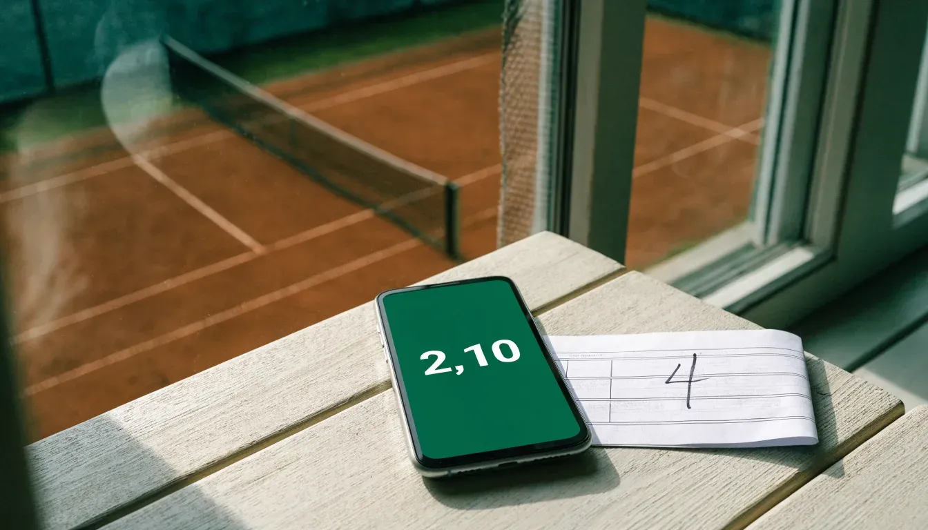 Ein Sandplatz für Tennis liegt bei Morgengrauen leer da, Tau glänzt auf dem Netz, hinter dem Zaun steigen Wiesen an.