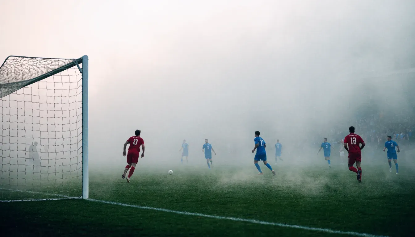 Eine Torlinie mit Netz steht am frühen Morgen im dichten Nebel auf einem Rasenplatz, die Umrisse der Pfosten verschwimmen.