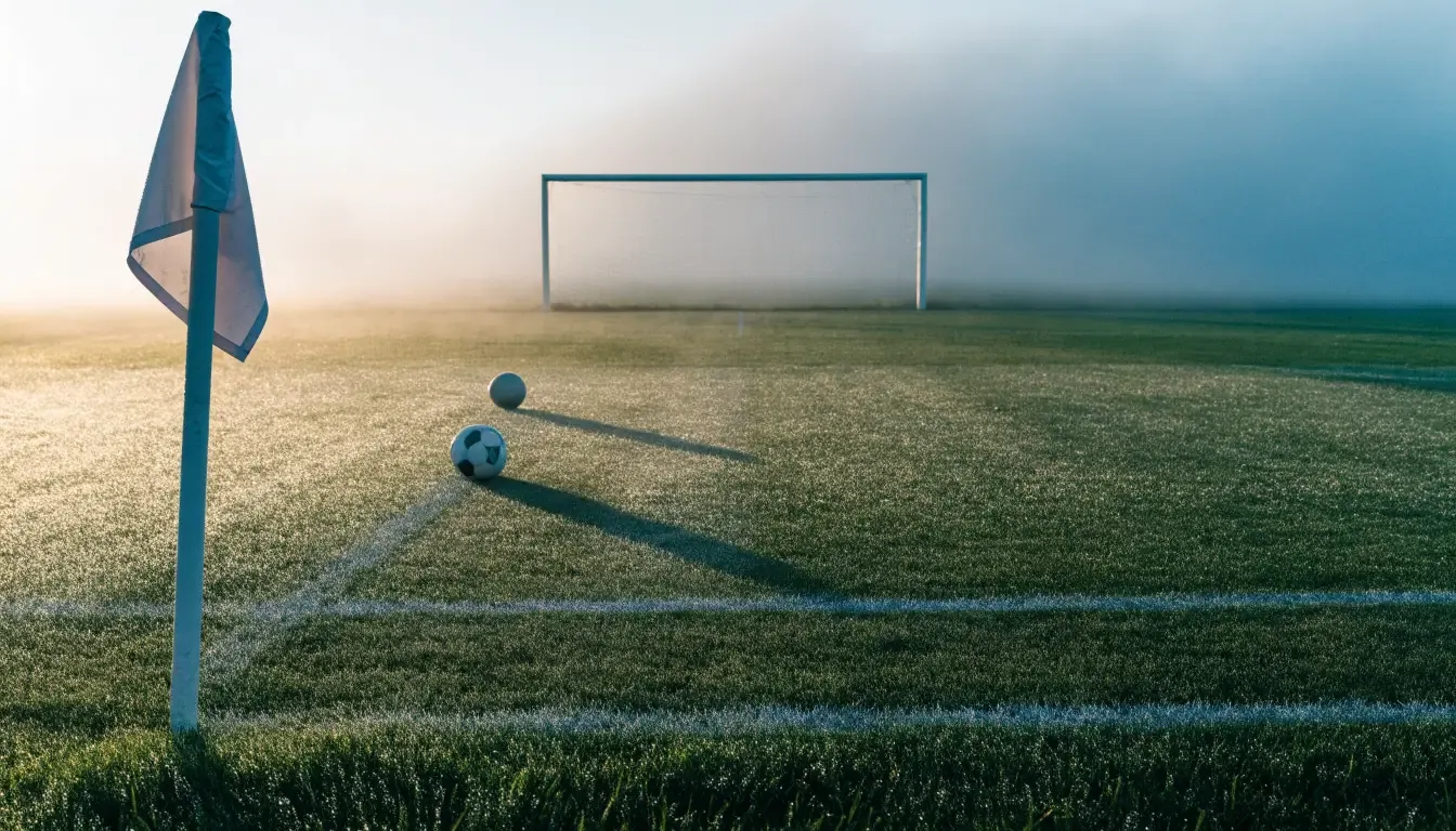 Eine Eckfahne steht am Morgen auf nassem Rasen, Tautropfen hängen im Gras und über dem Platz liegt leichter Dunst.