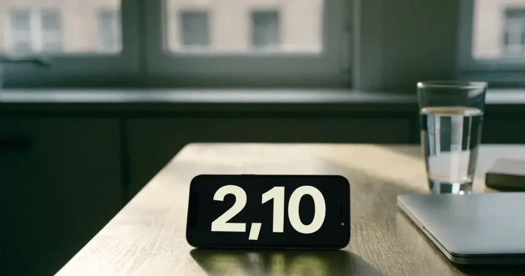 Ein geschlossener Laptop steht auf einem Küchentisch neben einem Wasserglas, durch das Fenster dahinter fällt weiches Tageslicht.