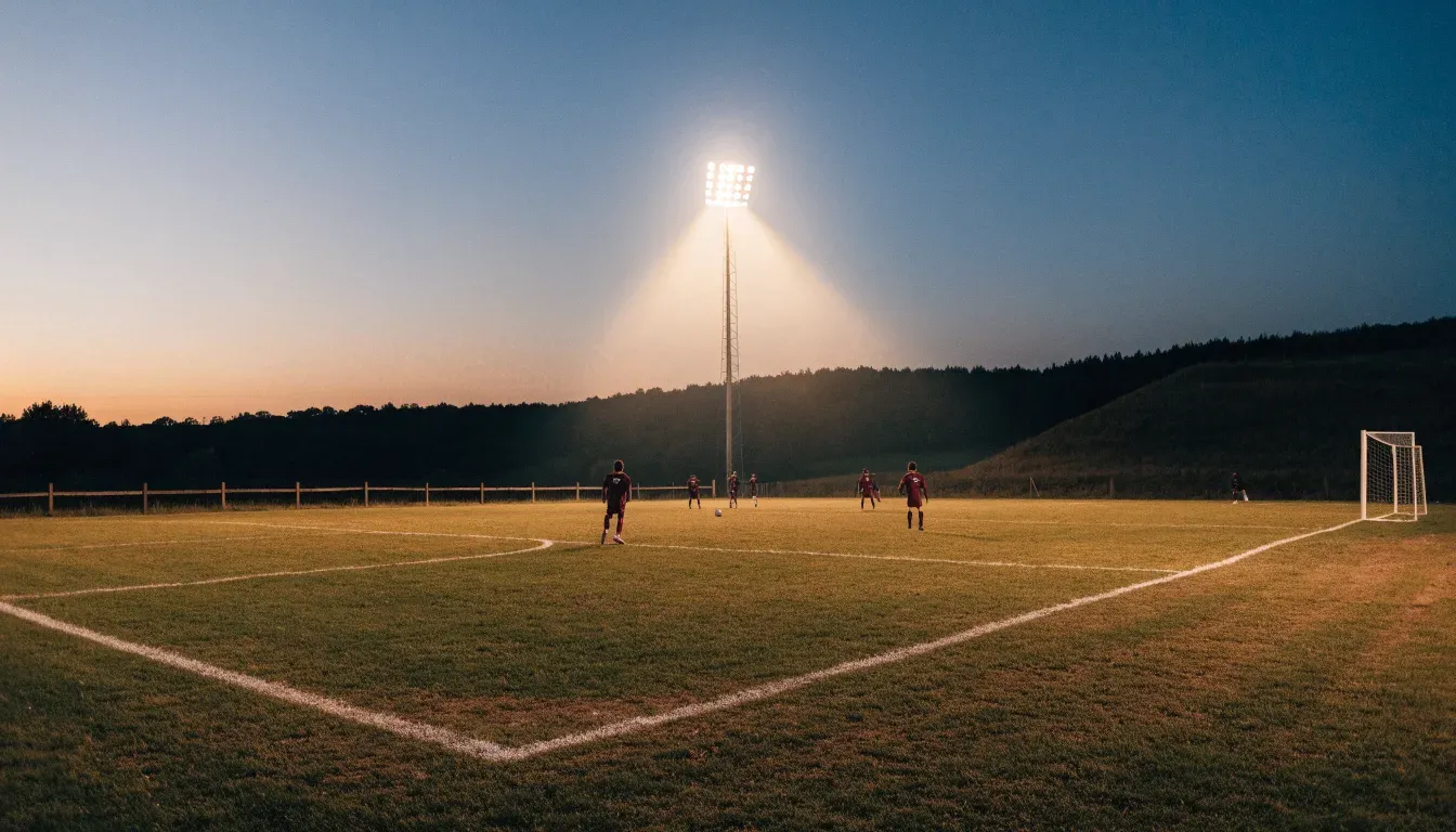Ein kleiner Dorf-Fussballplatz liegt in der Dämmerung unter einem hohen Flutlichtmast, am Spielfeldrand steht ein Holzzaun.
