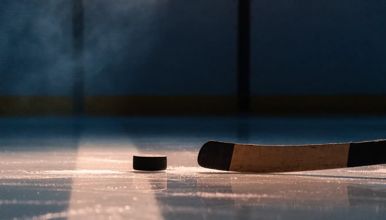 Ein Eishockeypuck liegt auf der Eisfläche neben dem Blatt eines Schlägers, die Bande dahinter ist im Dunkeln nur schwach zu erkennen.