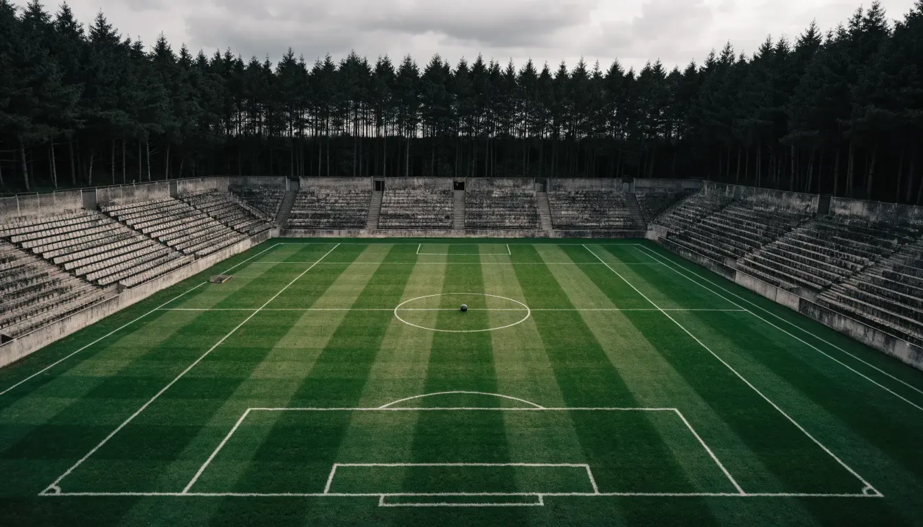 Ein Rasenplatz mit Spielfeldlinien ist von oben gesehen, ein einzelner Ball liegt in der Mitte, rundherum stehen leere Tribünen und Tannenwald.
