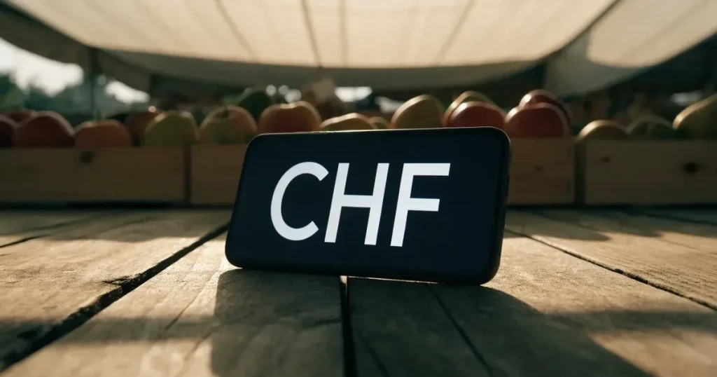 Ein Smartphone mit dunklem Display liegt auf dem Holztisch eines Marktstands zwischen Äpfeln und Birnen, morgendliches Licht fällt durch eine Plane.