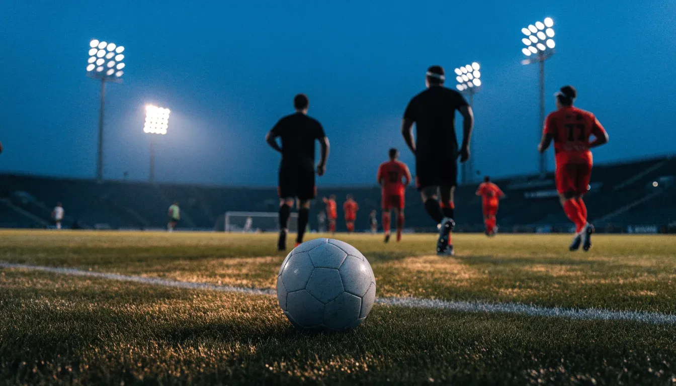 Leere Tribünenränge eines Fussballstadions in der Abenddämmerung, über dem Rasen leuchten die Flutlichter.