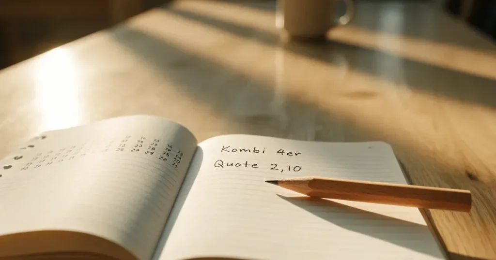 Ein aufgeschlagenes Notizbuch mit handschriftlichen Notizen und ein gespitzter Bleistift liegen auf einem hellen Holztisch im Morgenlicht.