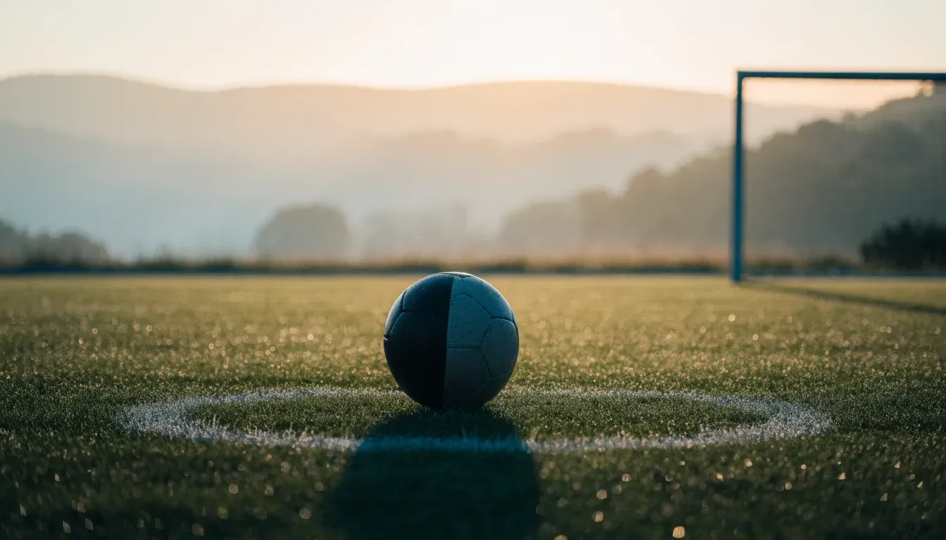 Ein Fussball liegt am frühen Morgen auf dem Anstosspunkt eines taunassen Rasens, im Hintergrund erheben sich Hügel im Dunst.