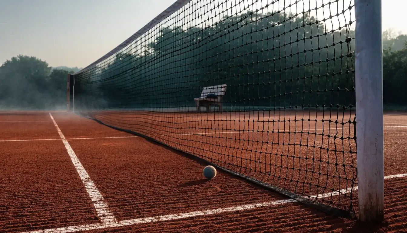 Ein Tennisplatz im Morgengrauen mit gespanntem Netz und feinem Dunst über der roten Asche.