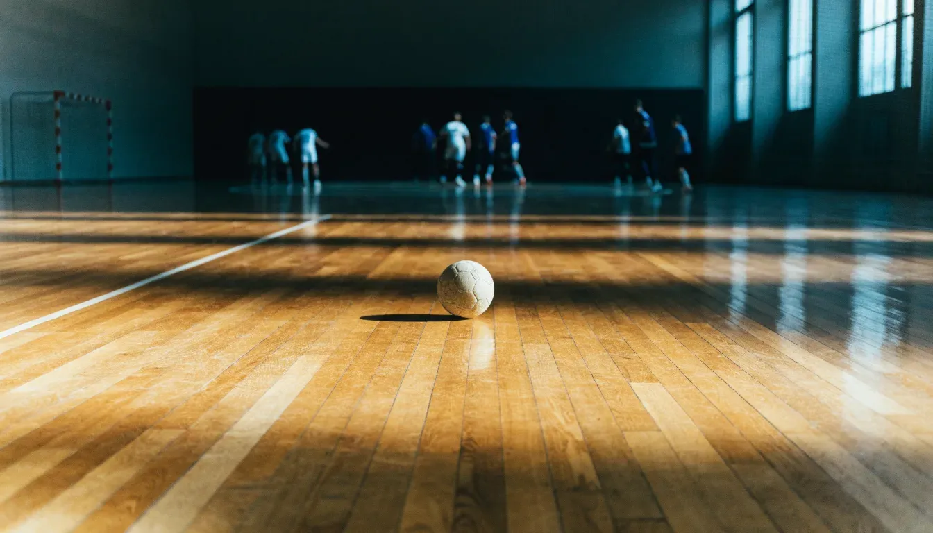 Der Boden einer Sporthalle aus poliertem Parkett mit einem einzelnen Handball in der Mitte, Licht fällt durch hohe Fenster.