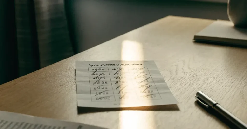 Acht gleiche Holzfiguren stehen in einem Kreis auf einem hellen Tisch im Seitenlicht.