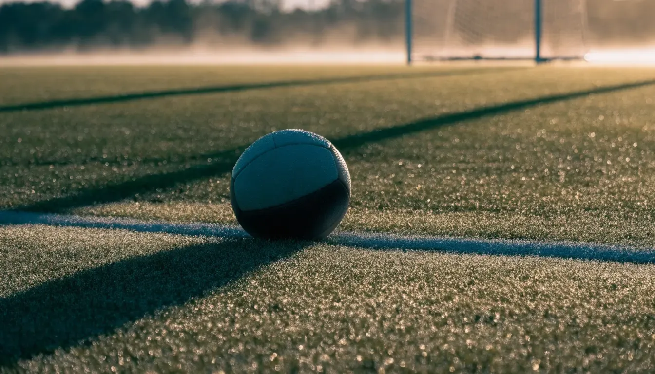 Ein Fussball ruht an der Seitenlinie im taufeuchten Gras, die ersten Sonnenstrahlen fallen schräg über den Platz.