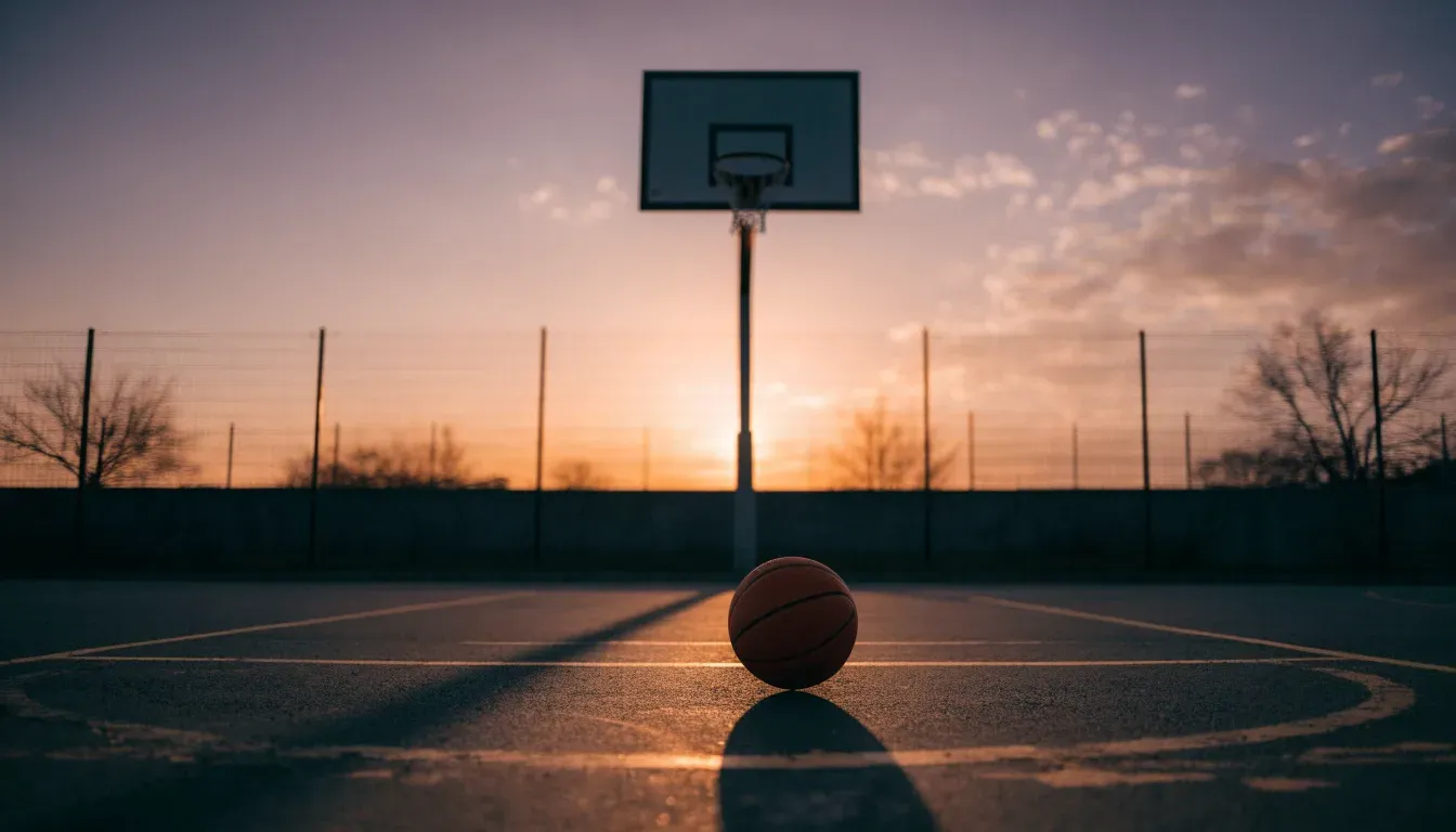 Ein Basketball liegt bei Sonnenuntergang auf einem leeren Aussenplatz, lange Schatten fallen über den Boden.